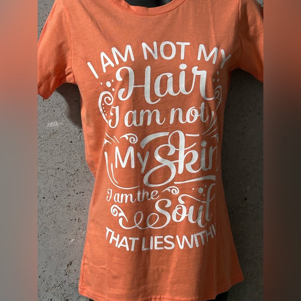 #053 Sz S Coral / Orange Tee with White Bold Text NIP | Izzy & Liv